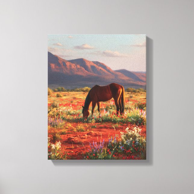 Toile Art du coucher de soleil désert fleuri Cheval sauv (Recto)