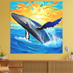 Toile Art du saut du coucher de soleil sur une baleine à