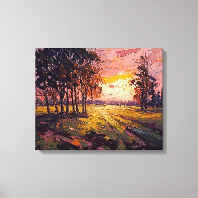 Toile Art fin couché de soleil sur la prairie (Recto)