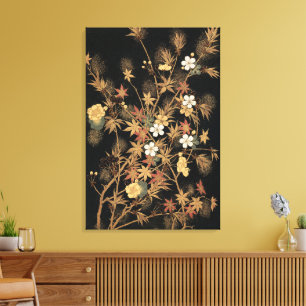Toile Art floral automnal noir doré vintage japonais