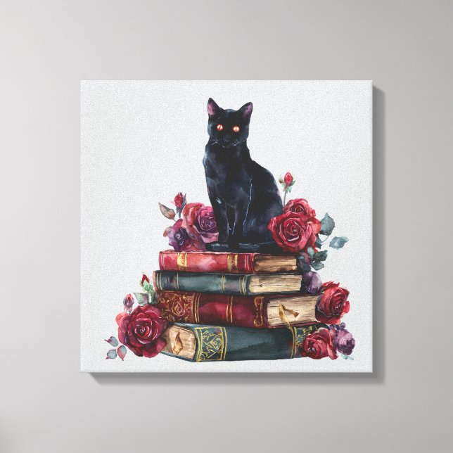 Toile Art gothique Chat noir Antique Livres Crimson Rose (Recto)
