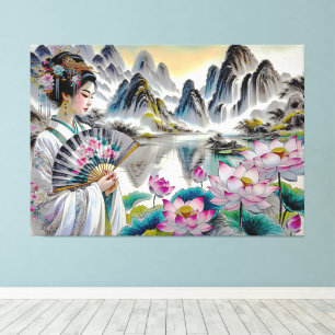 Toile Art japonais avec Dame, Lotus et Montagne