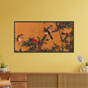 Toile Art japonais vintage : bambou, oiseaux et camélias