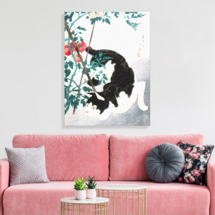 Toile Art Japonais Vintage Chat Noir et Blanc Tomate