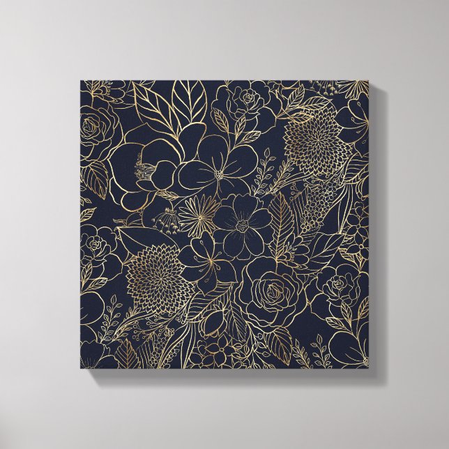 Toile Art moderne Gold Blue Floral Doodles (Recto)