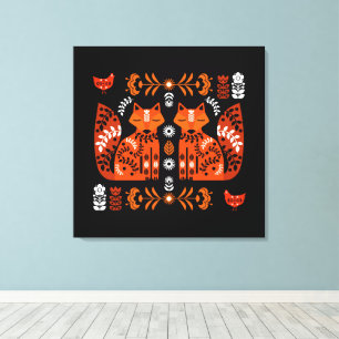 Toile Art populaire renard et poule