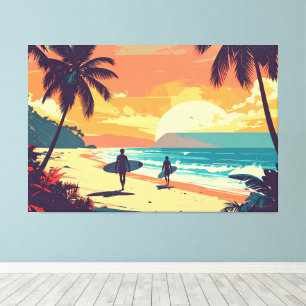 Toile art rétro des surfeurs sur la plage
