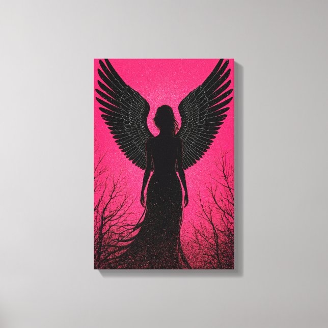 Toile Art Silhouette d'Angel foncé avec Vibes rose néon (Recto)