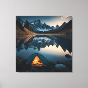 Toile Art thématique de camping avec tente, montagnes et