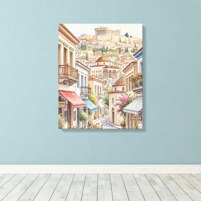 Toile Athènes charmant Grèce Rue Aquarelle (Insitu (Plancher de Bois))