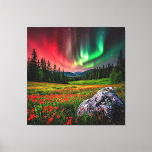 Toile Aurore Boréale illuminant une prairie panoramique