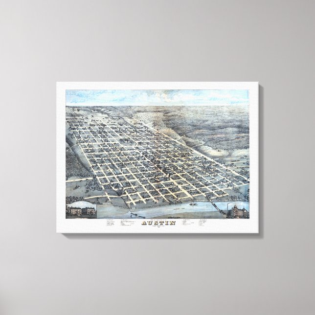 Toile Austin, Texas Antique Aerial City Carte de 1873 (Recto)