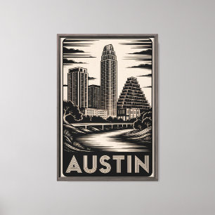 Toile Austin Texas Skyline Noir Blanc Gravure sur Bois