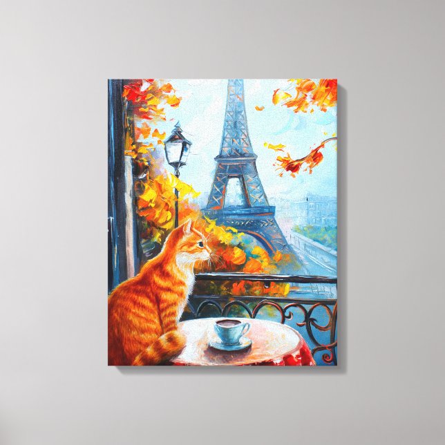 Toile Automne parisien | Chat au gingembre dans un café (Recto)