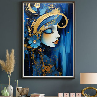 Toile Azure Empress – Blue and Gold Art Deco Woman