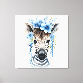 Toile Baby Zebra - Couronne de fleurs bleues