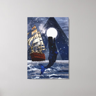 Toile Baleines et voiles à pleine lune nuit