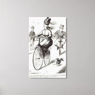 Toile Bande dessinée de Madame sur un vélo sur rail,