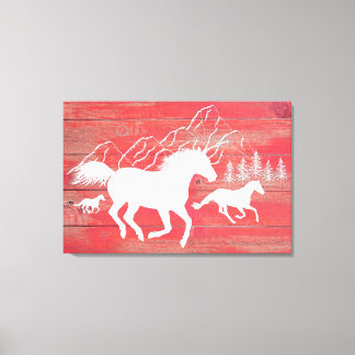 Toile Barne rouge Bois Galloping Chevaux Silhouette