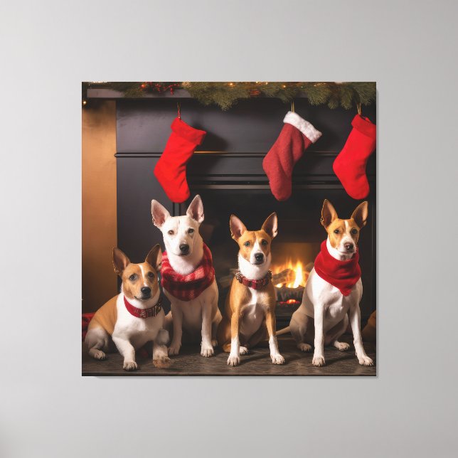 Toile Basenji au coin du feu Noël (Recto)
