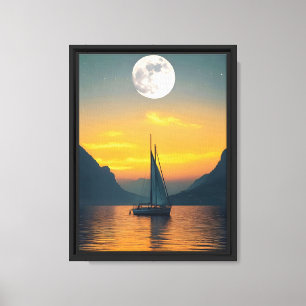 Toile Bateau à coucher de soleil avec Pleine lune - Mur