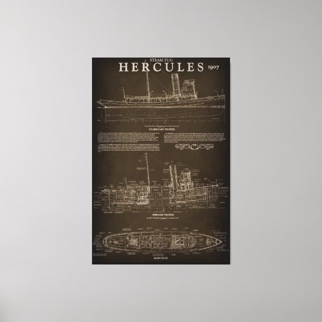 Toile Bateau à vapeur HERCULES Plan directeur 1907 (Recto)