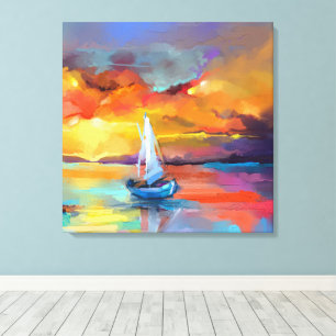 Toile Bateau à voile coloré Coucher de soleil Art abstra