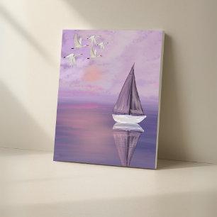 Toile Bateau à voile et cygnes au coucher du soleil - Mu