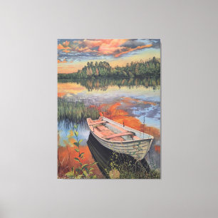 Toile Bateau au coucher du soleil : réflexion réaliste d