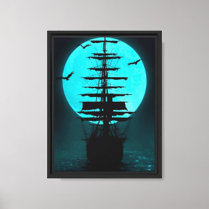Toile Bateau Lune et Pleine lune Bleue