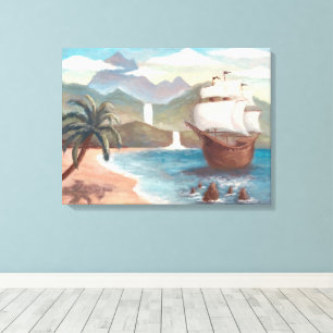 Toile Bateau pirate sur l'océan avec une île
