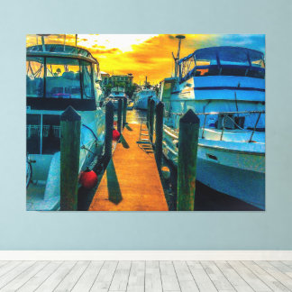 Toile Bateaux au coucher du soleil du port