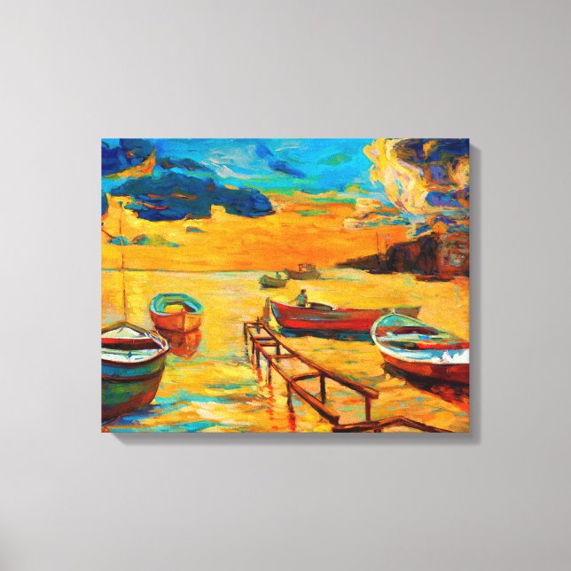 Toile Bateaux de pêche et océan au coucher du soleil (Recto)