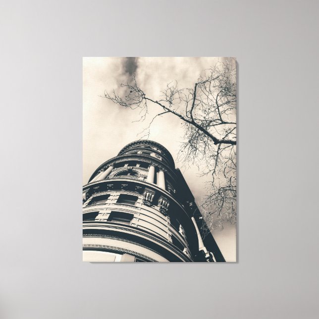 Toile Bâtiment architectural sépia avec arbre dénudé (Recto)