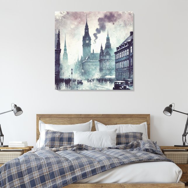 Toile Bâtiment urbain Foggy, Cathédrale, Voiture Vintage (Insitu(Chambre))