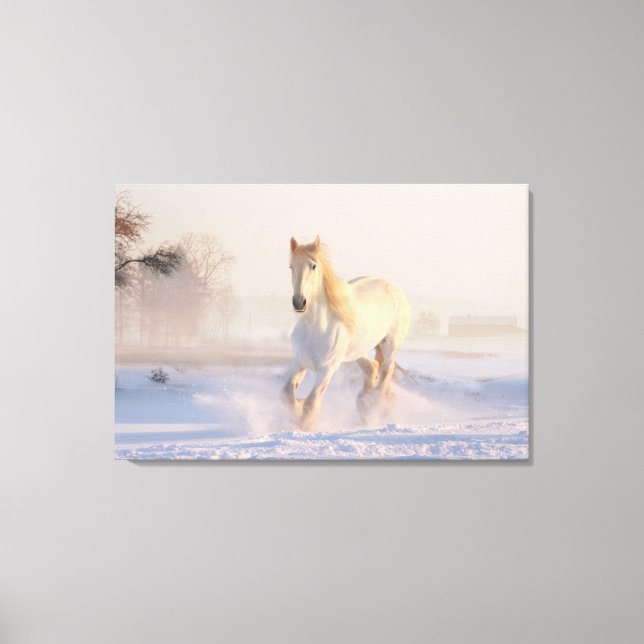 Toile Beau cheval blanc galopant dans la neige (Recto)