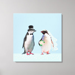 Toile Beau Mariage Penguin Couple sur bleu clair
