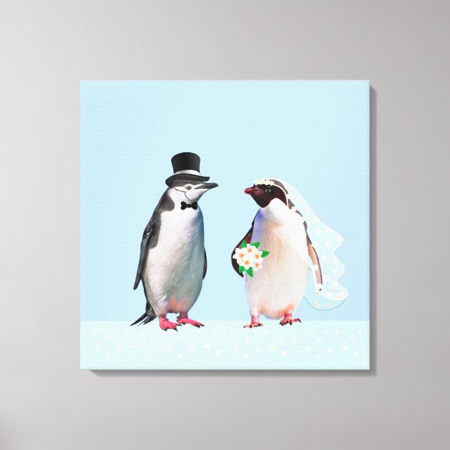 Toile Beau Mariage Penguin Couple sur bleu clair (Recto)