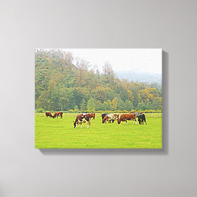 Toile Beau ranch, vaches et pâturage vert, scène de ferm (Recto)