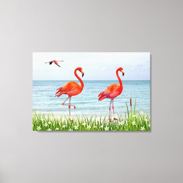 Toile Beaux flamants roses près de fleurs blanches sur t (Recto)
