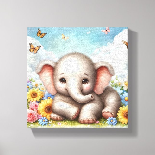 Toile Bébé éléphant dans les fleurs (Recto)