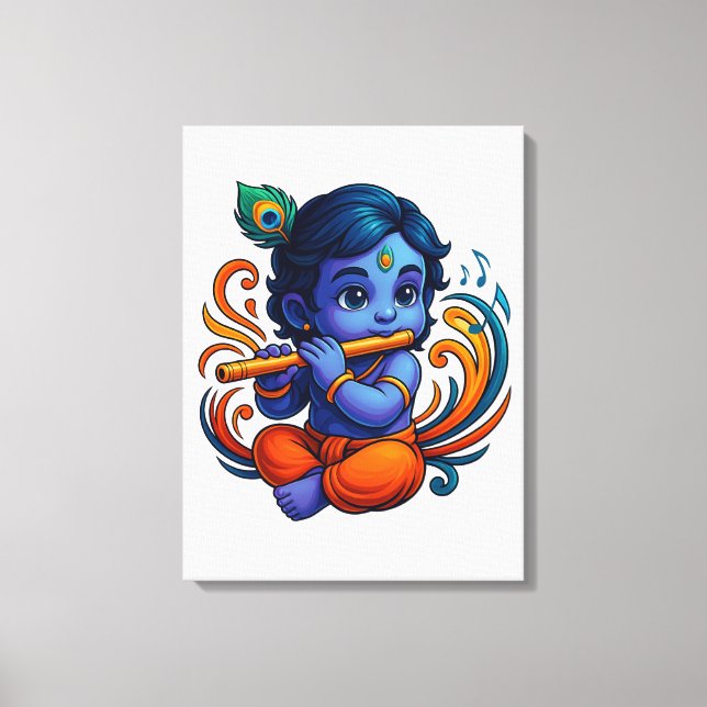 Toile Bébé Krishna avec Flûte - Vibes de paix | 3D dynam (Recto)