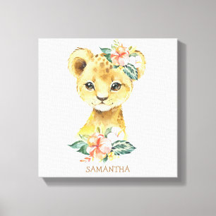 Toile Bébé lion mignon avec fleurs tropicales personnali