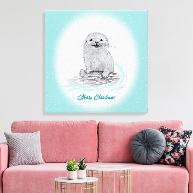 Toile Bébé loutre de mer blanche mignonne, Joyeux Noël (Insitu(Salon))