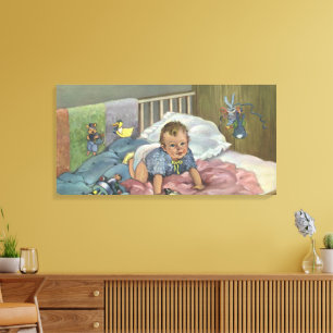 Toile Bébé mignon vintage jouant dans un berceau, heure