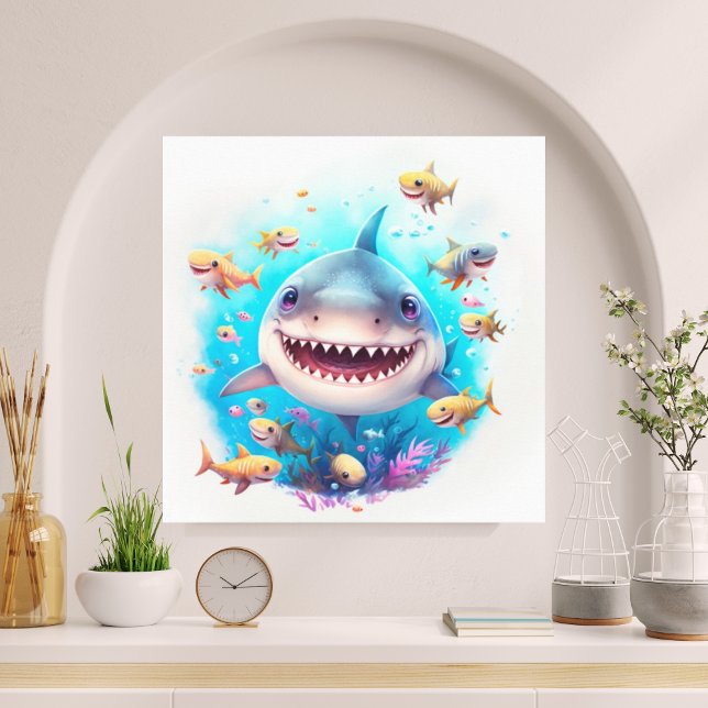 Toile Belle aquarelle souriante bébé requin sous la mer (Créateur téléchargé)