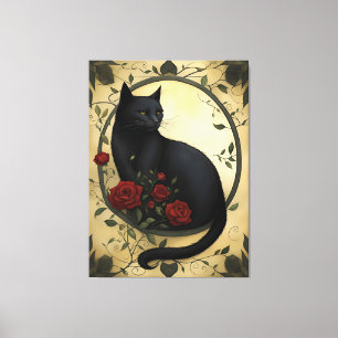 Toile Belle Chat noir et Roses rouges