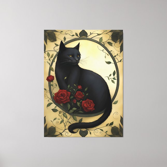 Toile Belle Chat noir et Roses rouges (Recto)