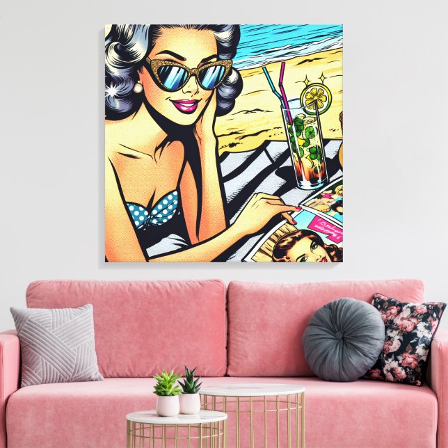 Toile Belle Dame Rétro à la Plage avec Cocktail (Insitu(Salon))
