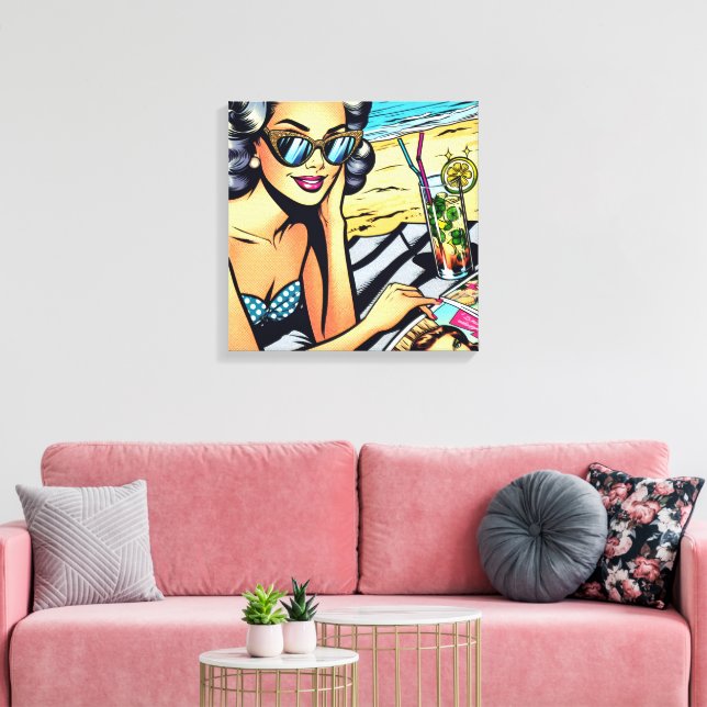 Toile Belle Dame Rétro à la Plage avec Cocktail (Insitu(Salon))